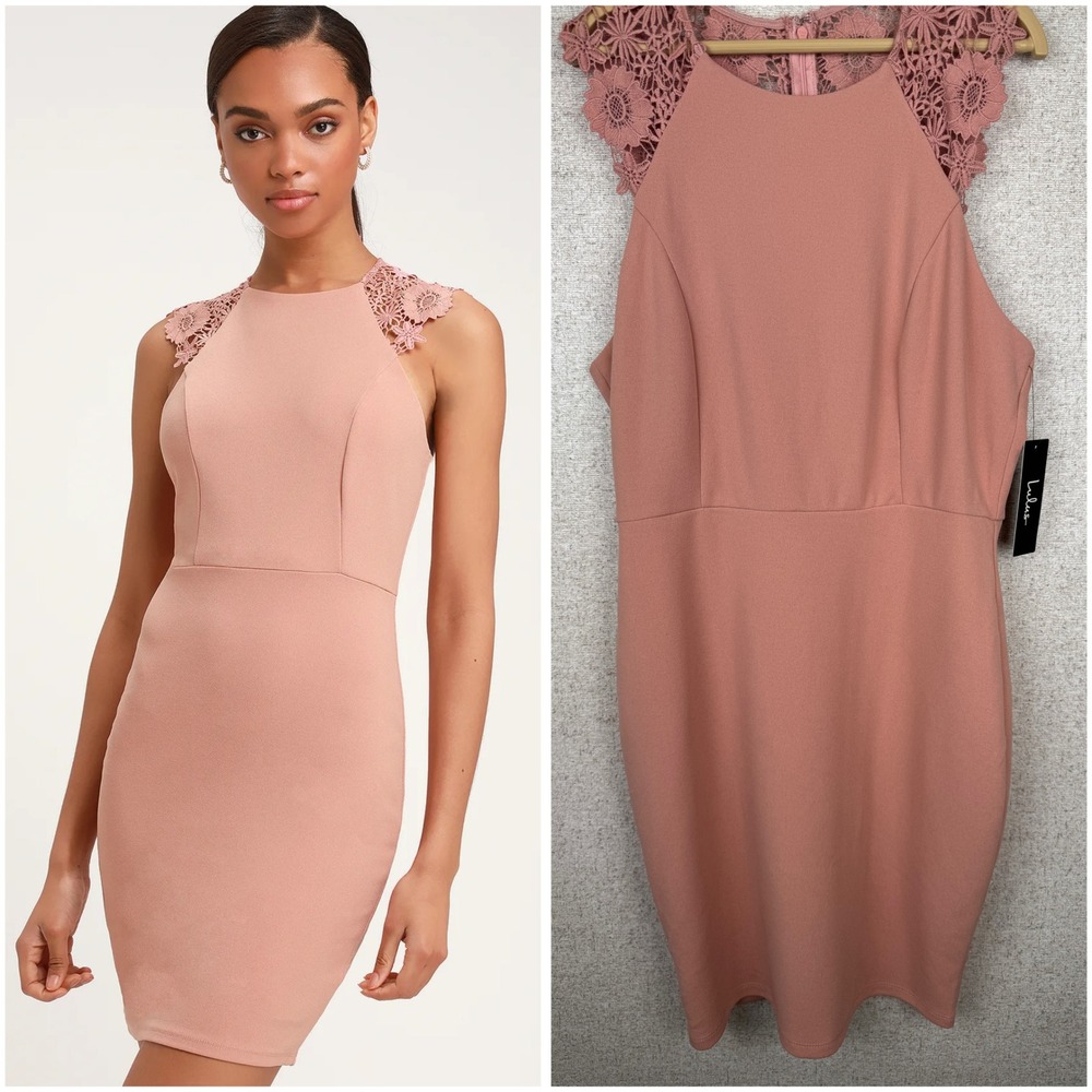 NWT Lulus Blush Pink Lace Back Bodycon Midi Dress Floral Crochet‎ L